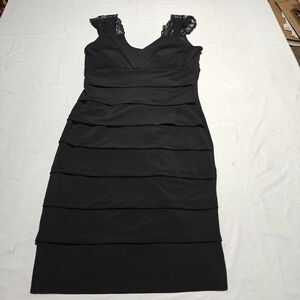 Enfocus Studios Women's black tiered dress with lace cap sleeves Size 6
